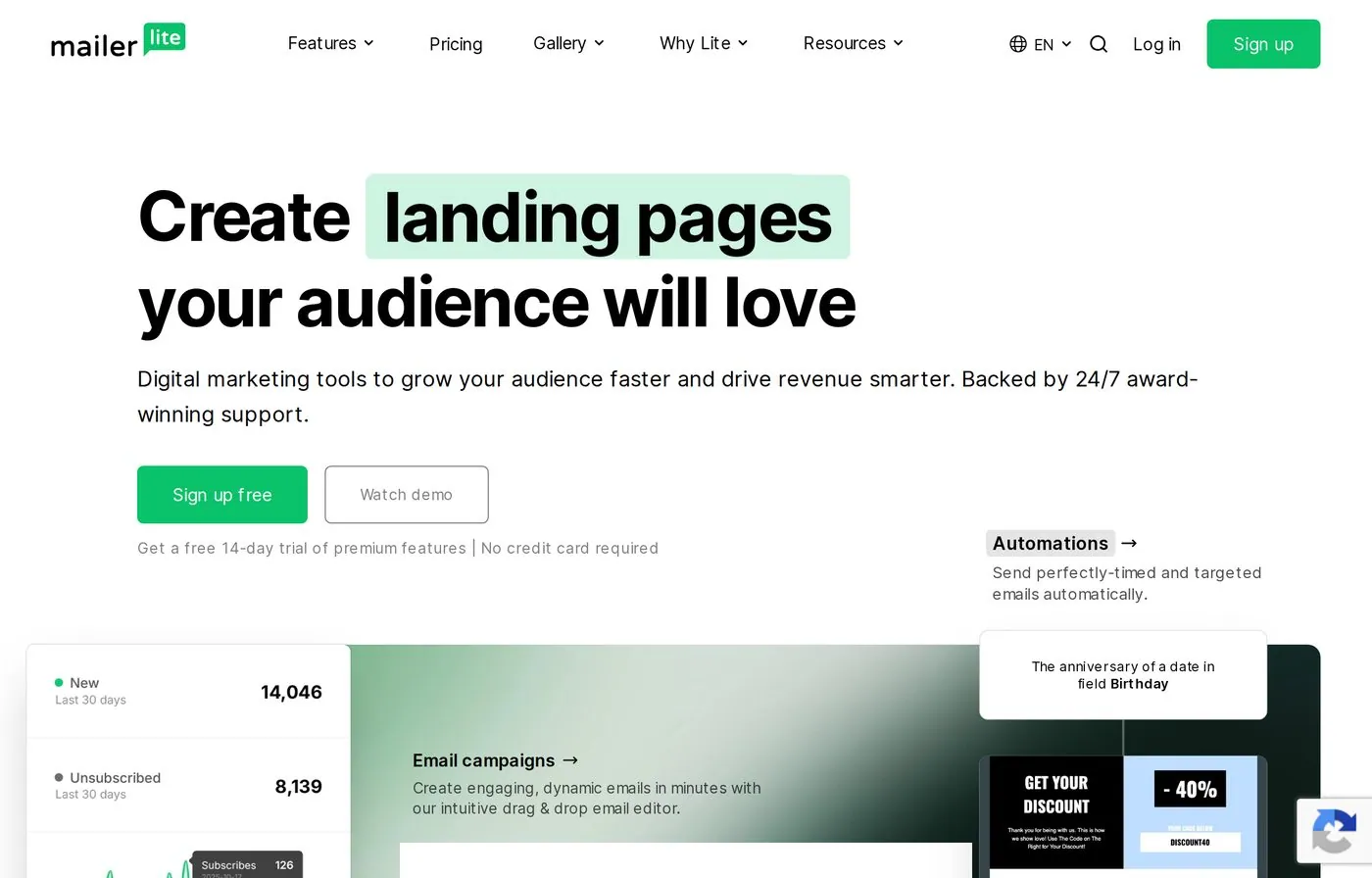 mailerlite homepage screenshot